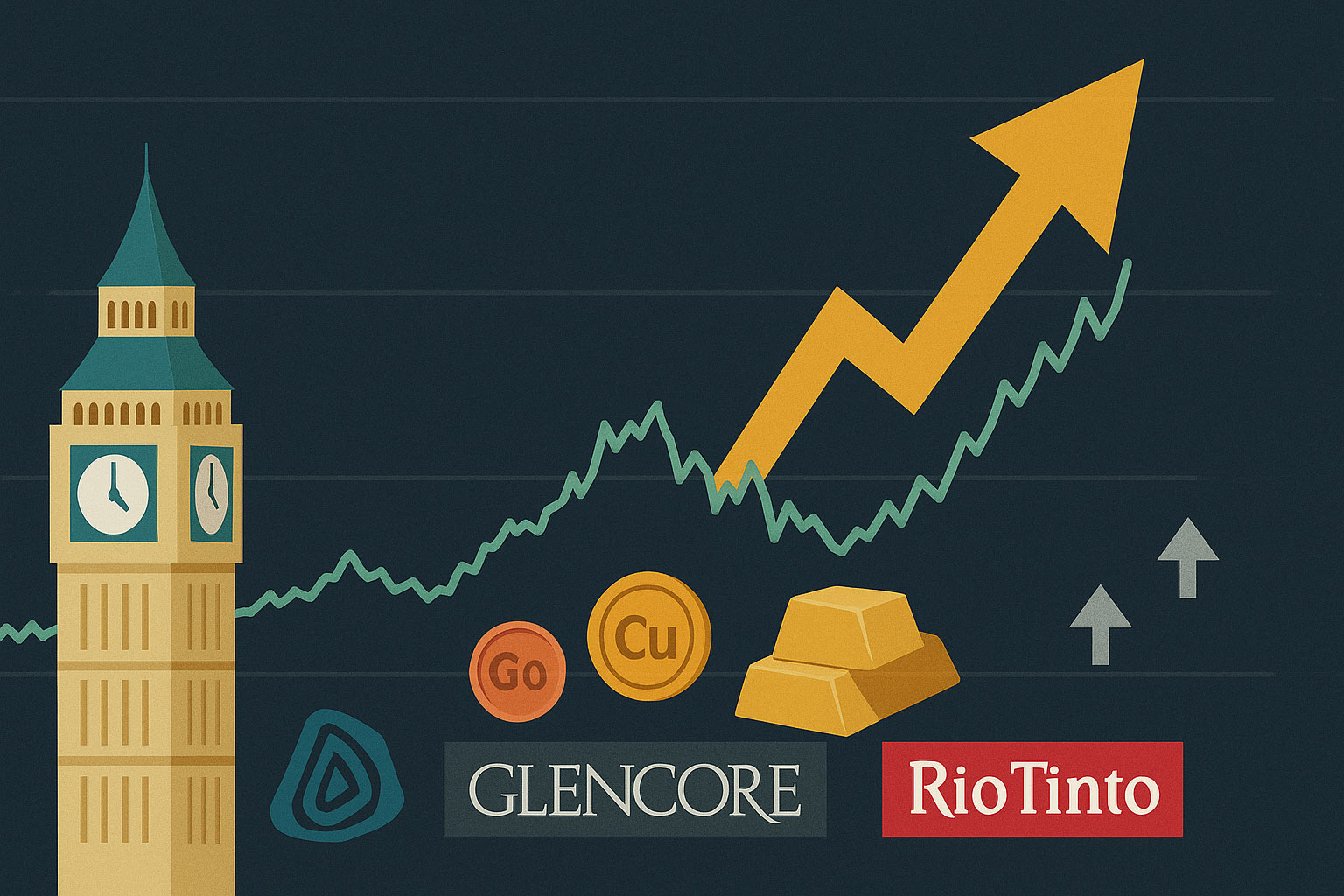 Die Grafik zeigt den Aufschwung des FTSE 100 Index: Getrieben von steigenden Kupfer- und Goldpreisen sowie starken Rohstoffwerten wie Glencore, Anglo American und Rio Tinto. Symbolisch dargestellt mit Kurven, Pfeilen und Londoner Börsenmotiven.